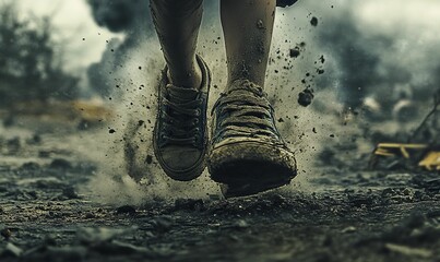 Muddy sneakers running through dust.