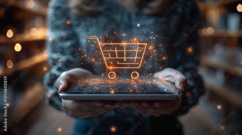 Poster the futuristic concept of e-commerce showcases a person using a virtual screen with a shopping cart 