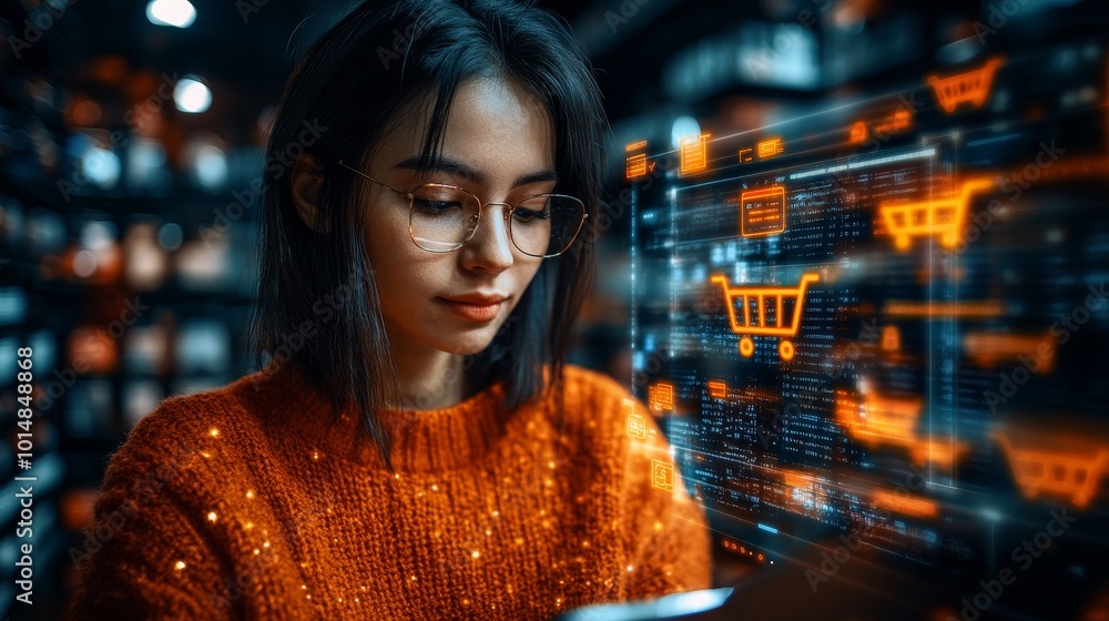 Poster the futuristic concept of e-commerce showcases a person using a virtual screen with a shopping cart 
