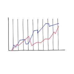 Analytical graphic chart with red, blue trend lines hand drawn ink sketch. Change in time of election results or income, plans. Vector illustration for business data presentation, election results