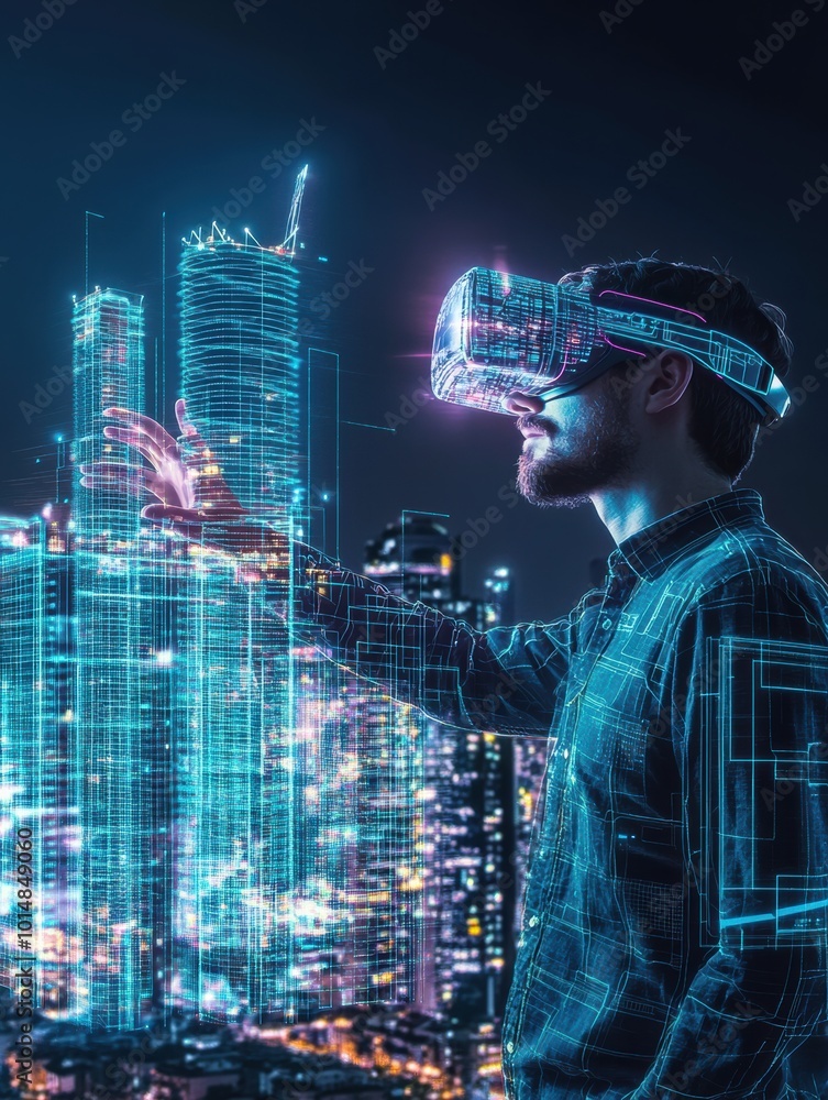 Poster An augmented reality architect designs futuristic buildings in a high-tech cityscape using innovative AR glasses at night. Generative AI