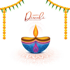 Beautiful diwali greeting card with shiny diya oil lamp background