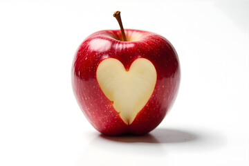 "A vibrant red apple with a perfect heart-shaped bite taken out of it." Still life photography, whimsical mood.