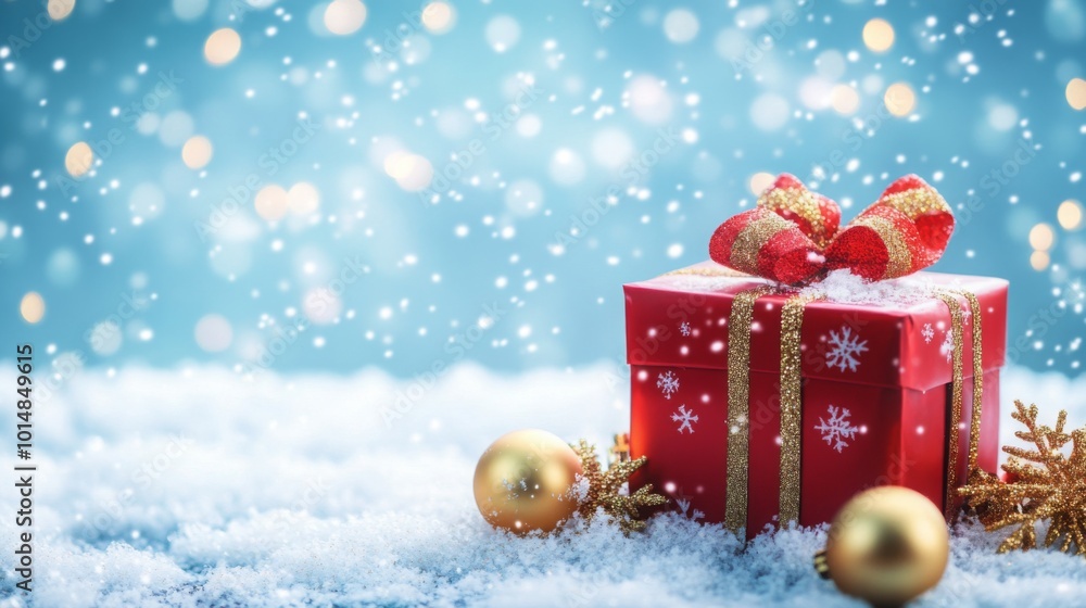 Poster a vibrant red gift box adorned with gold ribbons and snowflakes rests on a snowy surface while golde