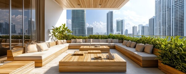 Fototapeta premium High-end outdoor area on a Miami rooftop with modern wooden seating and panoramic views of the urban skyline