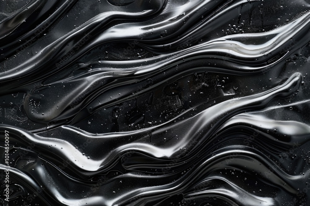 Poster a close-up shot of a black liquid surface with varying textures and patterns
