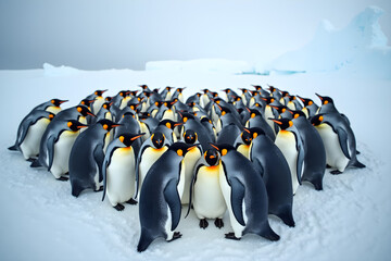"A heart-shaped huddle of emperor penguins in Antarctica." Wildlife behavior and harsh environment theme.