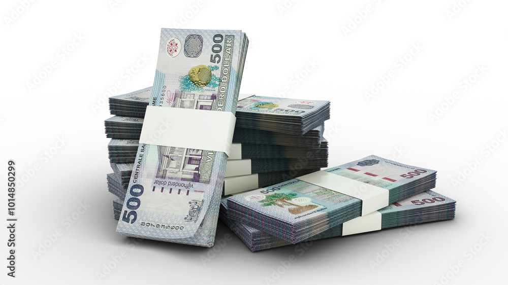 Aufkleber 3d rendering of stacks of surinamese dollar notes isolated on transparent background