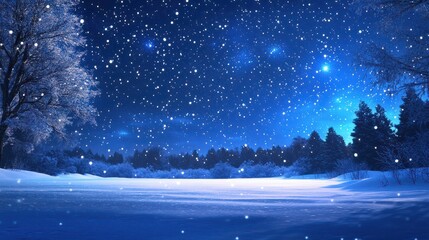 Fototapeta premium Empty night nature scene. The night starry sky, the rays of the blue neon spotlight. Snowy winter night background.