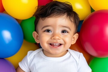Obraz premium Young girl with curly hair is smiling at the camera. There are many balloons in the background, some of which are pink and some are yellow. Young Child Smiling Amidst Colorful Balloons