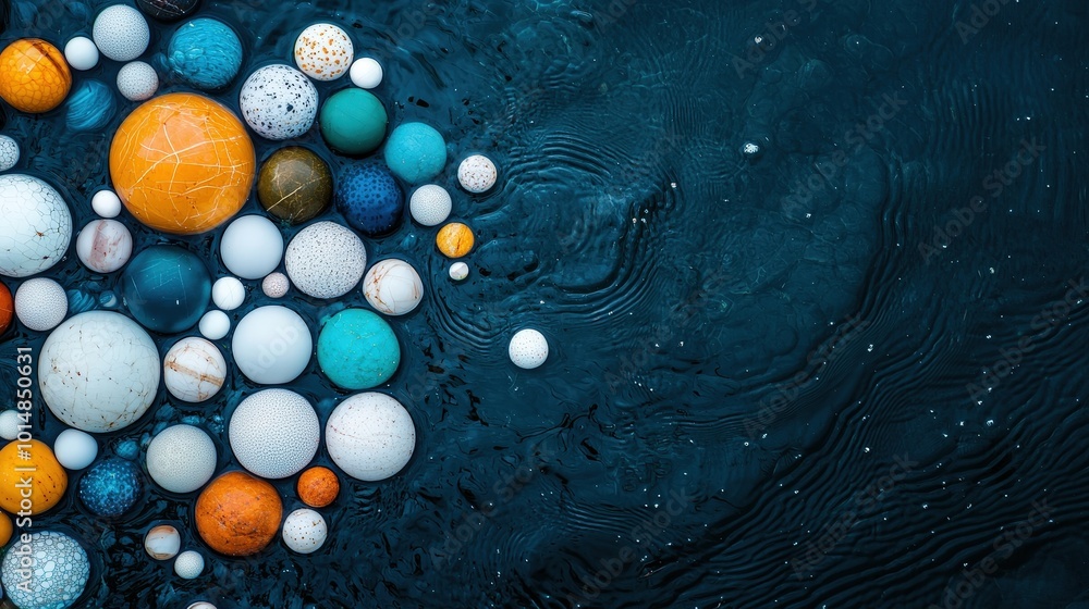 Poster a mesmerizing arrangement of colorful spheres floating on a tranquil water surface, creating a seren