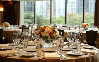 Elegant dining setup with floral centerpiece and glassware, ideal for an event or celebration.
