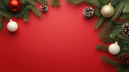 Fir branches with Christmas decoration on red background, flat lay. Space for text