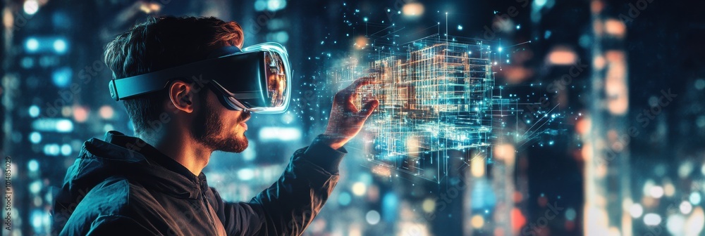 Aufkleber an augmented reality architect designing futuristic buildings in a high-tech urban environment using