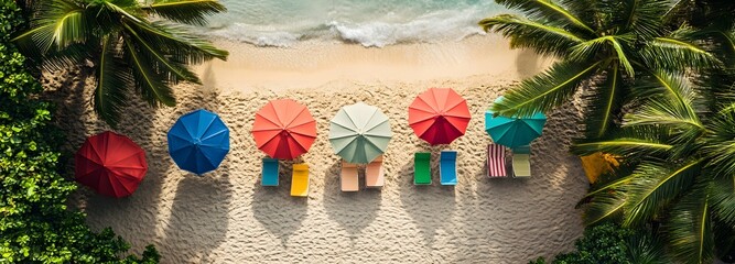 3. A vibrant summer beach setting with colorful beach umbrellas and lounge chairs, framed by lush palm trees, providing a spacious area for copy text or product displays