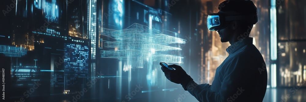 Aufkleber augmented reality architect designs virtual buildings in a high-tech cityscape using ar glasses duri