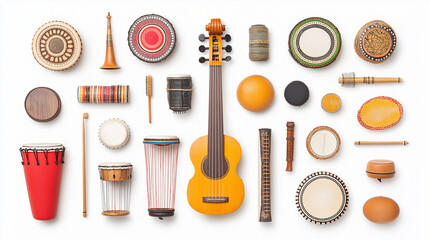 Colorful arrangement of various traditional musical instruments. Diverse cultural instruments displayed on a white background