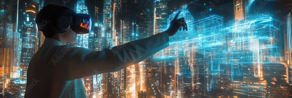 Fototapete an augmented reality architect designs glowing structures in a futuristic cityscape using ar glasses