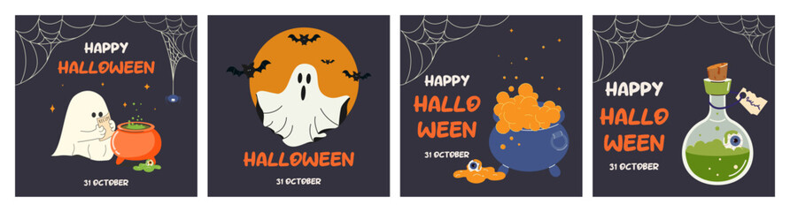 A set of square Halloween posters, covers for social media posts, party invitations, postcards. A ghost, a witch's cauldron of boiling potion, bats, a full moon, an eye. Vector illustration.