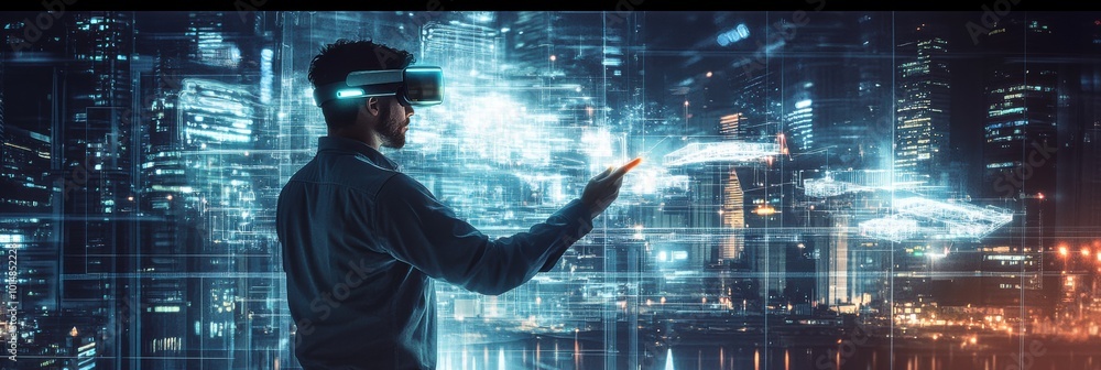 Poster an augmented reality architect designs glowing virtual buildings in a futuristic cityscape using ar 