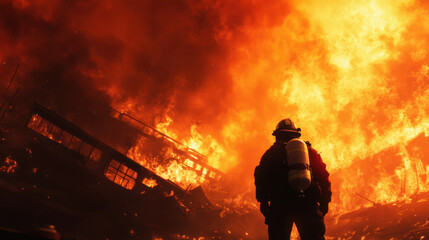 A firefighter silhouette stands against blazing building, surrounded by intense flames and smoke, showcasing bravery and determination in face of danger