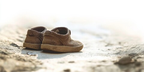 Minimalist background of a young African boy smiling outdoors in a rural village, capturing the essence of childhood and happiness amidst poverty.

