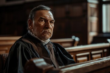 A person sitting in a courtroom, looking serious and focused