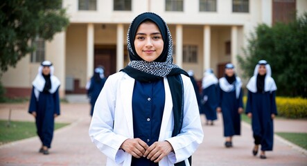 Saudi girl university college student portrait on school campus background