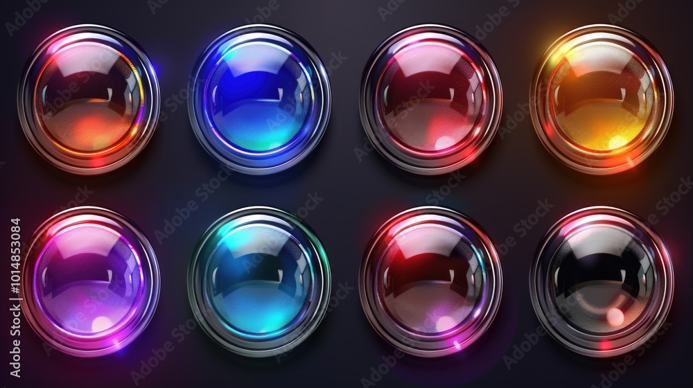 Poster a collection of shiny buttons in various colors, ideal for use in digital designs, presentations, an