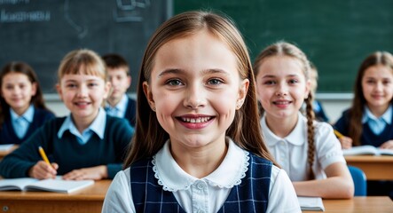 Fototapeta na wymiar Ukrainian kid girl smiling portrait on school classroom background