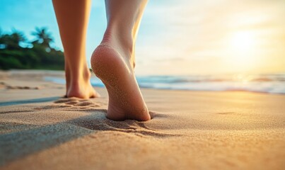 Woman's bare feet walking on a sandy beach towards the ocean at sunset.