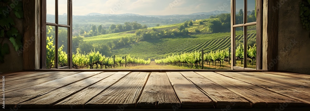 Poster 2. a rustic wooden table placed by an open window, showcasing a picturesque vineyard landscape with 