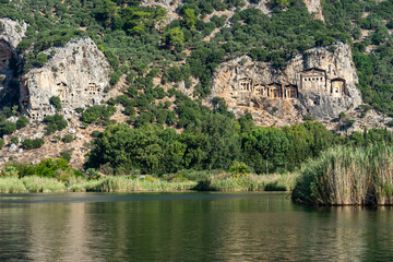 Fototapeta premium Kings Tombs in the Cliff Face Kaunos Dalyan, Turkey.
