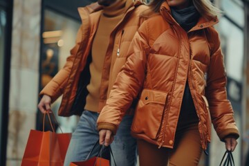 Fototapeta premium A man and a woman walking together on the street, both carrying shopping bags