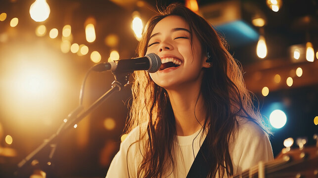 Close-up of a young, beautiful Asian girl passionately singing at the bar