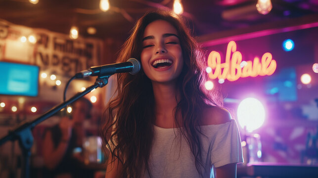 Close-up of a young, beautiful Asian girl passionately singing at the bar