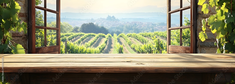 Poster 2. a rustic wooden table placed by an open window, showcasing a picturesque vineyard landscape with 