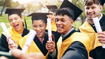 Selfie, happy and students at university graduation with degree certificate for education...