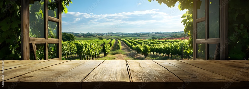 Poster 3. a serene scene of an empty wooden table next to an open window, offering a beautiful view of a lu