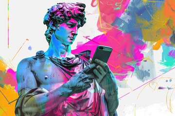 Fototapeta premium A person standing alone holding a cell phone, possibly contemplating or seeking connection