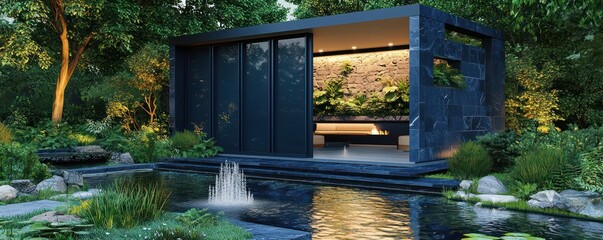 High-resolution garden room with dark slate blue windows, set in a modern, minimalist garden with water features Ultra-modern design