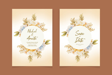 Wedding invitation card save the date with golden flowers leaves and branches