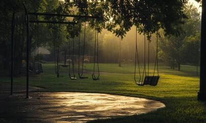 Empty swings in a misty park.