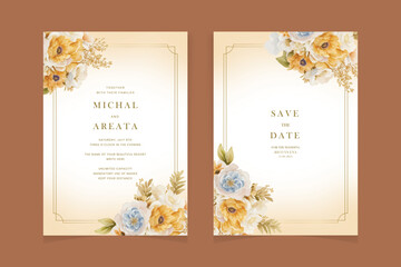 Wedding invitation card save the date with golden flowers leaves and branches