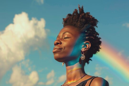 A woman poses against a colorful rainbow background, perfect for inspirational or motivational themes
