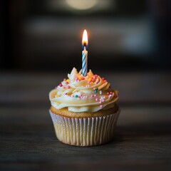 A single vanilla cupcake with white frosting and colorful sprinkles topped with a lit birthday candle.