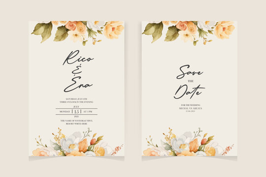 wedding invitaion card set template design with pink rose watercolor and gold leaf