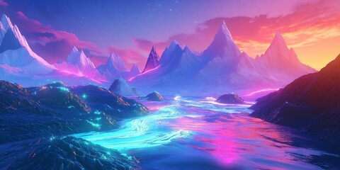 Dreamscape of Neon Mountains and Glowing Waters
