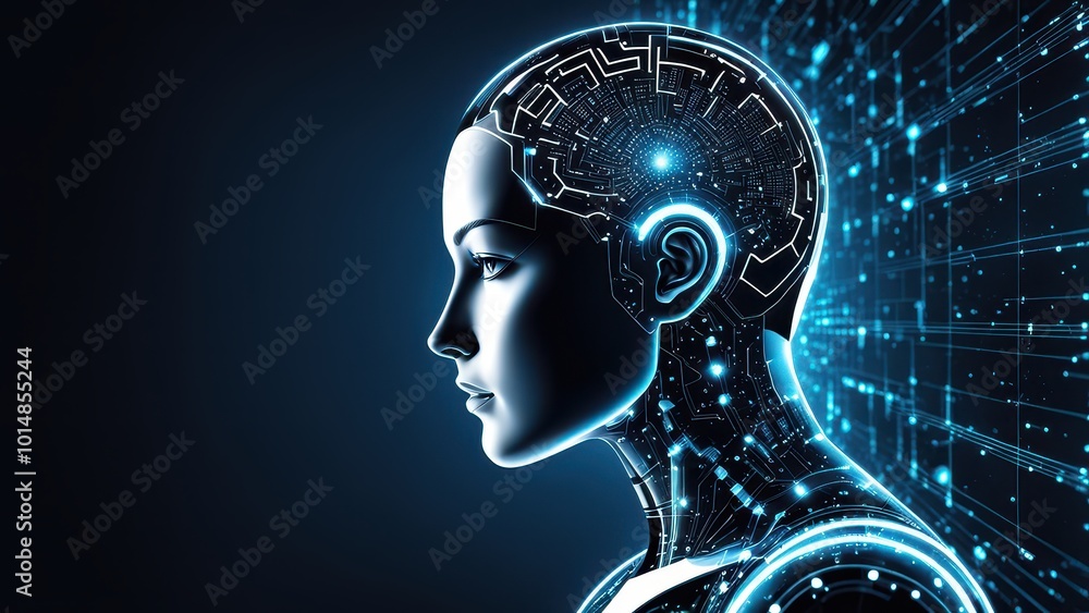 Poster a digital representation of a human-like head with circuit patterns, symbolizing ai and technology.