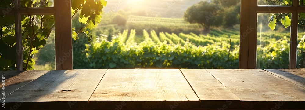Poster 5. a cozy wooden table in front of an open window, overlooking a tranquil vineyard with gentle sunli